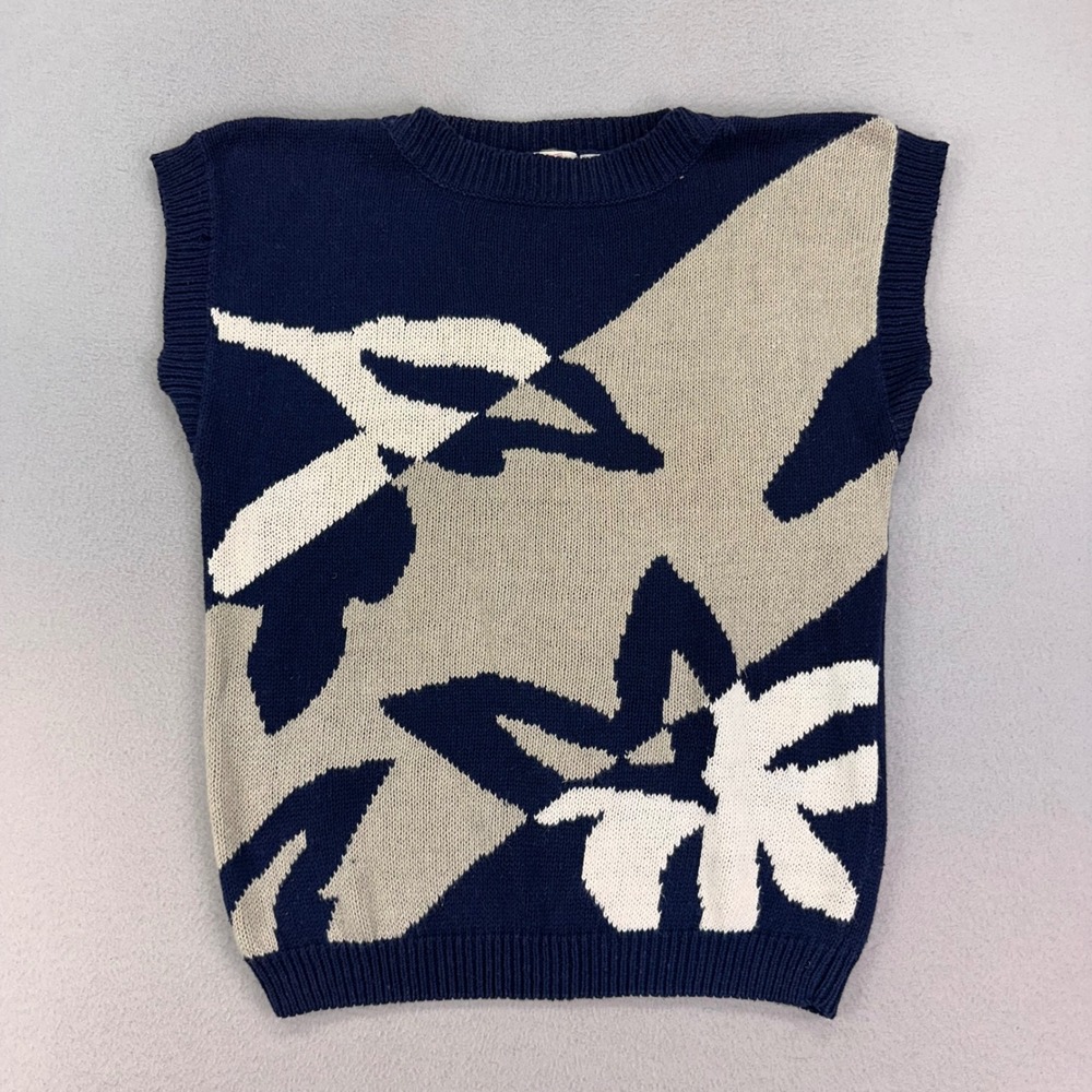 American Vintage Navy Blue, Cream & White Floral Knit Crewneck Sweater Vest